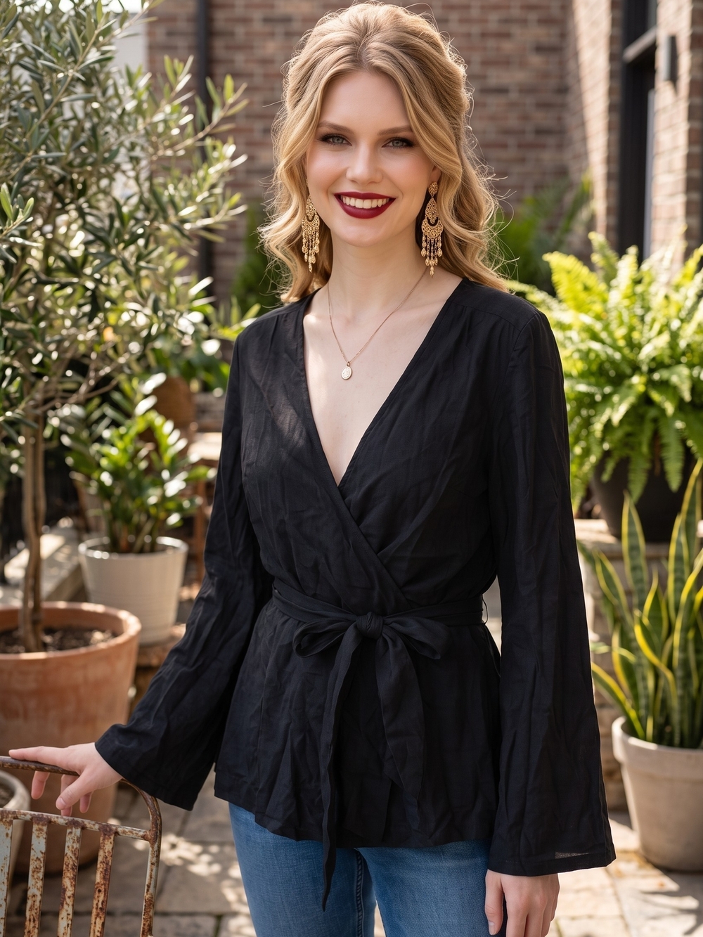 NEW Modcloth Black Wrap Tie Blouse with V-Neckline